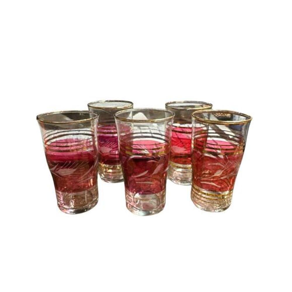 Vintage 4 piece Lot of Vintage Gold Rim Clear Glass Ruby Red Leaf Printed Design